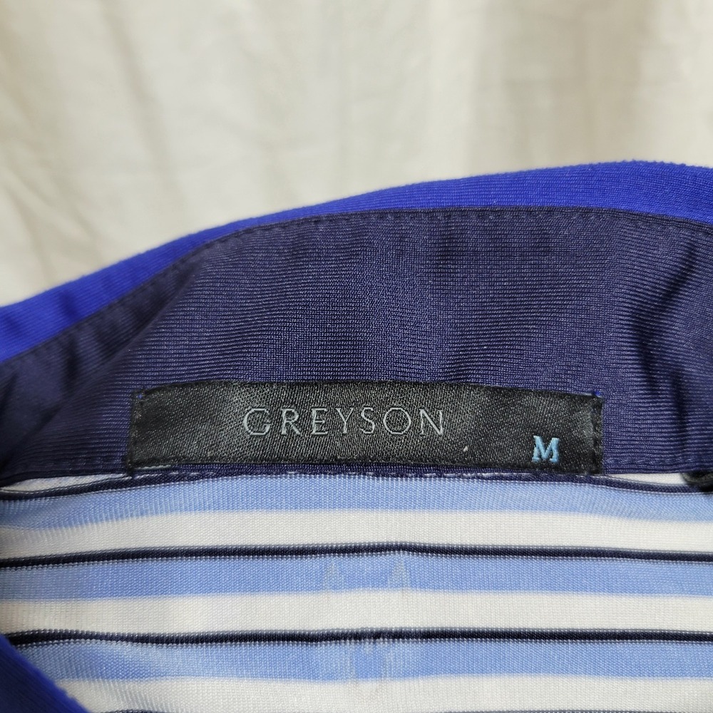 Greyson Polo Shirt Mens Medium Blue White Striped Golf Performance Button Down - Picture 5 of 7